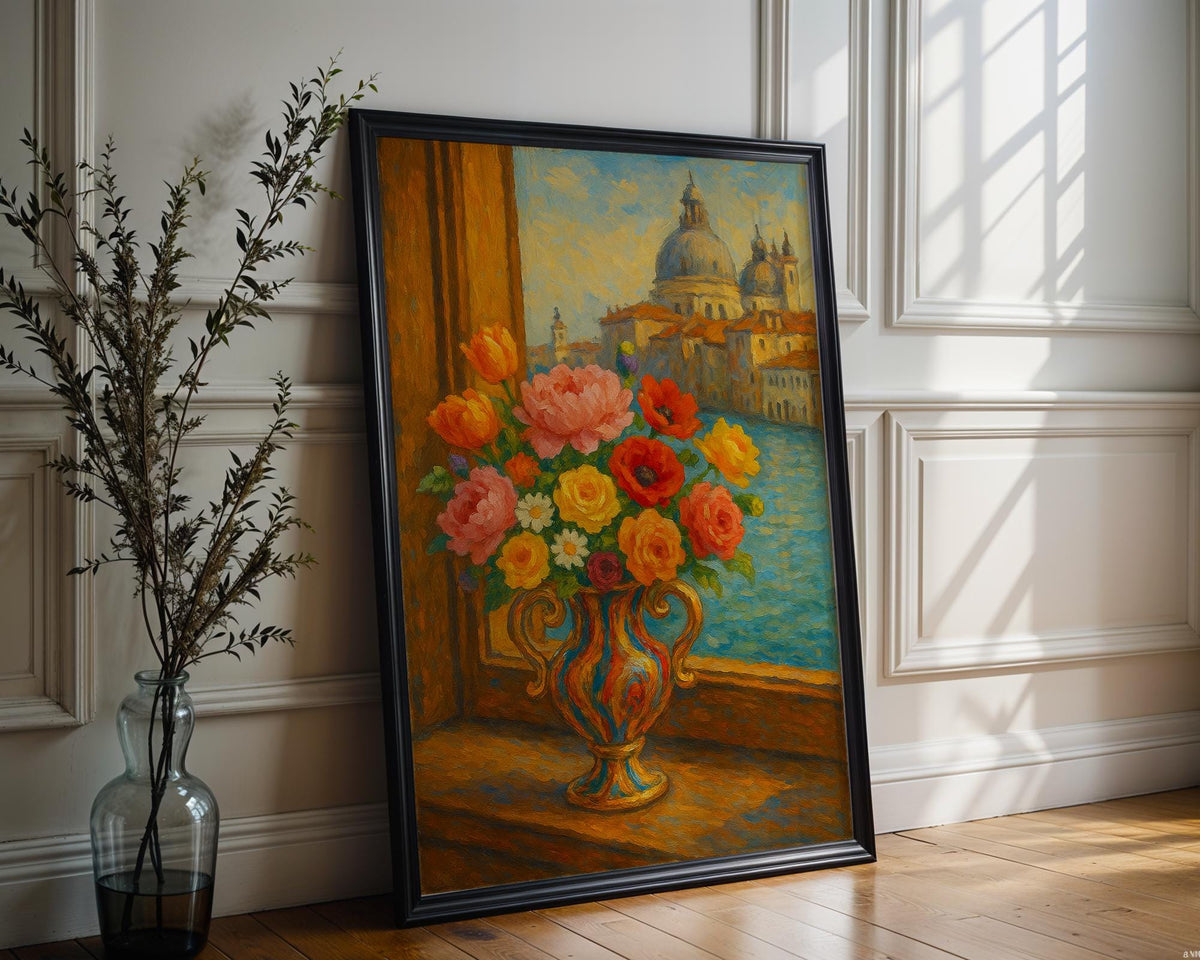 Venetian Flower Vase Art Print – Romantic Italy Window View Poster, Impressionist Floral Wall Art - Just Great Posters