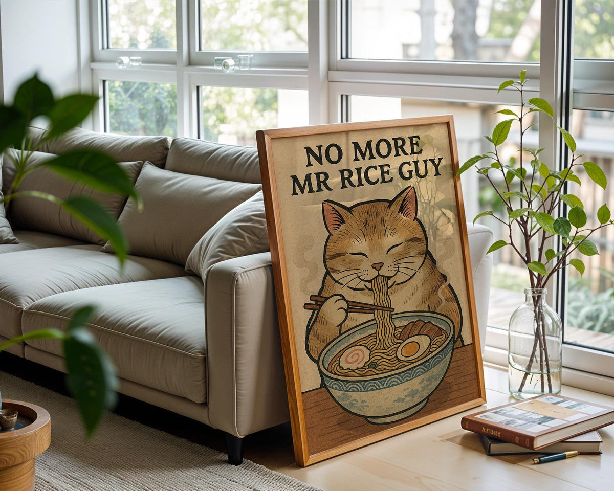 Funny Ramen Cat Poster – No More Mr. Rice Guy, Japanese Food Pun Wall Art, Kawaii Noodle Print - Just Great Posters