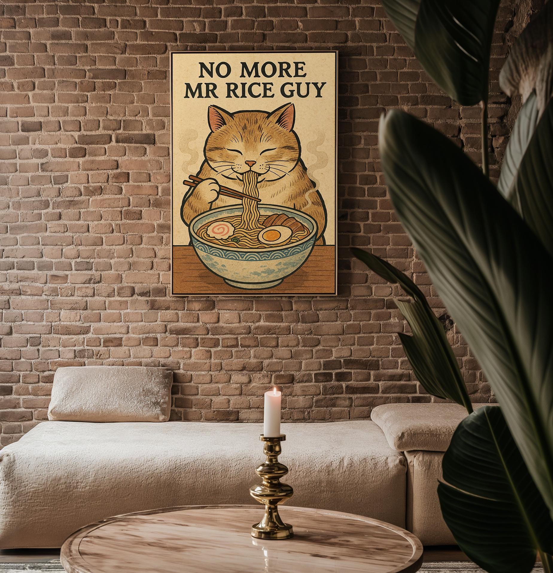 Funny Ramen Cat Poster – No More Mr. Rice Guy, Japanese Food Pun Wall Art, Kawaii Noodle Print - Just Great Posters