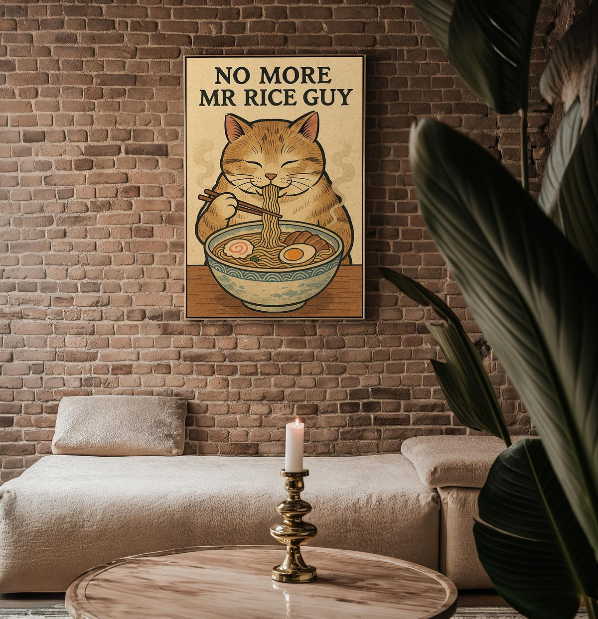Funny Ramen Cat Poster – No More Mr. Rice Guy, Japanese Food Pun Wall Art, Kawaii Noodle Print - Just Great Posters