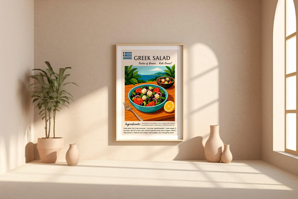 Greek Salad Poster Print – Mediterranean Recipe Wall Art, Colorful Food Illustration for Kitchen or Cafe - Just Great Posters