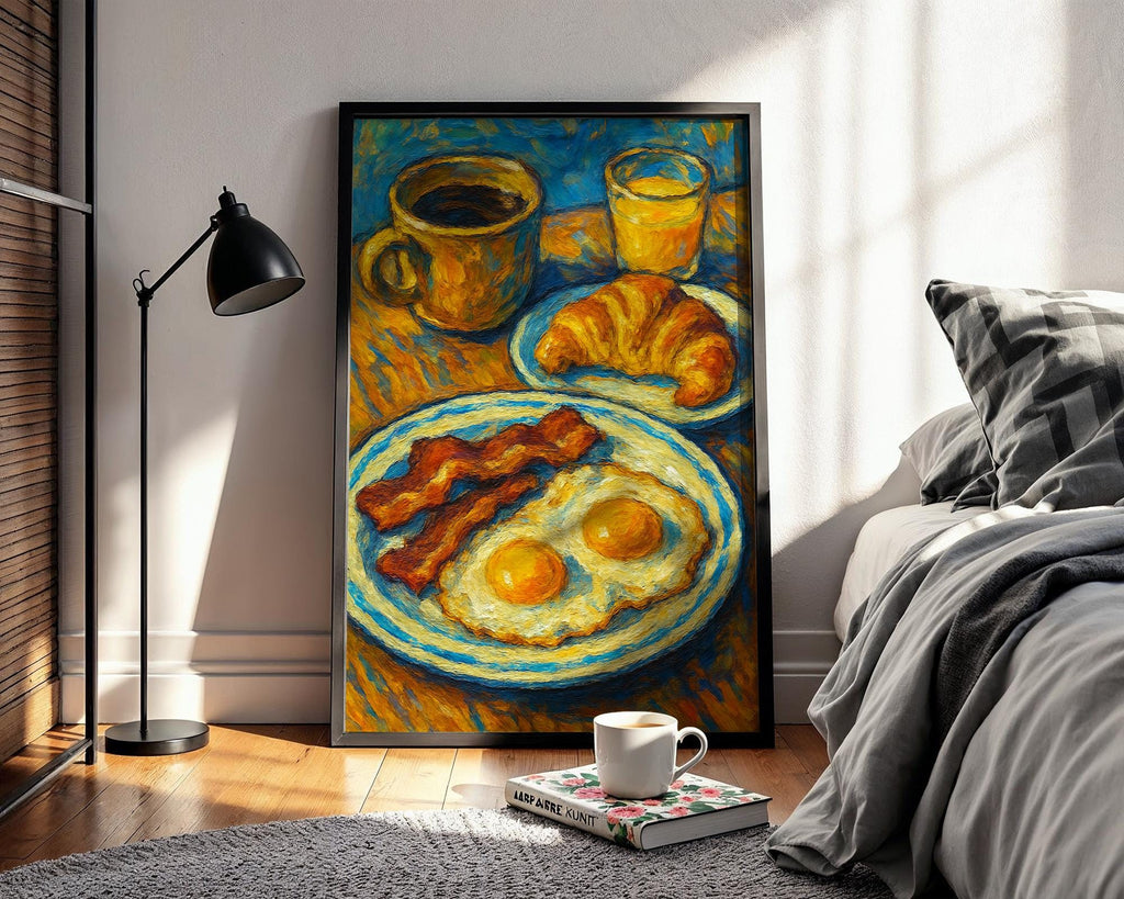 Bold Breakfast Art Print | Bacon Eggs Coffee Croissant Painting in Post - Impressionist Style | Colorful Kitchen Wall Art for Food Lovers - Just Great Posters