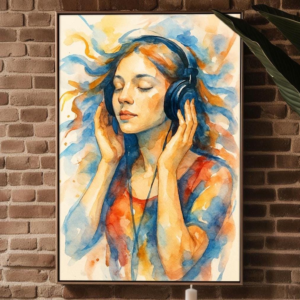 Listening to Music Watercolor Art Print | Dreamy Girl with Headphones in Flowing Color | Peaceful Wall Art for Music & Art Lovers - Just Great Posters