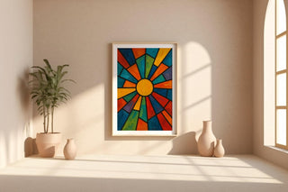 Abstract Sunburst Art Print | Bold Geometric Wall Art in Stained Glass Style | Retro Modern Colorful Poster for Living Room or Studio - Just Great Posters