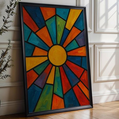 Abstract Sunburst Art Print | Bold Geometric Wall Art in Stained Glass Style | Retro Modern Colorful Poster for Living Room or Studio - Just Great Posters