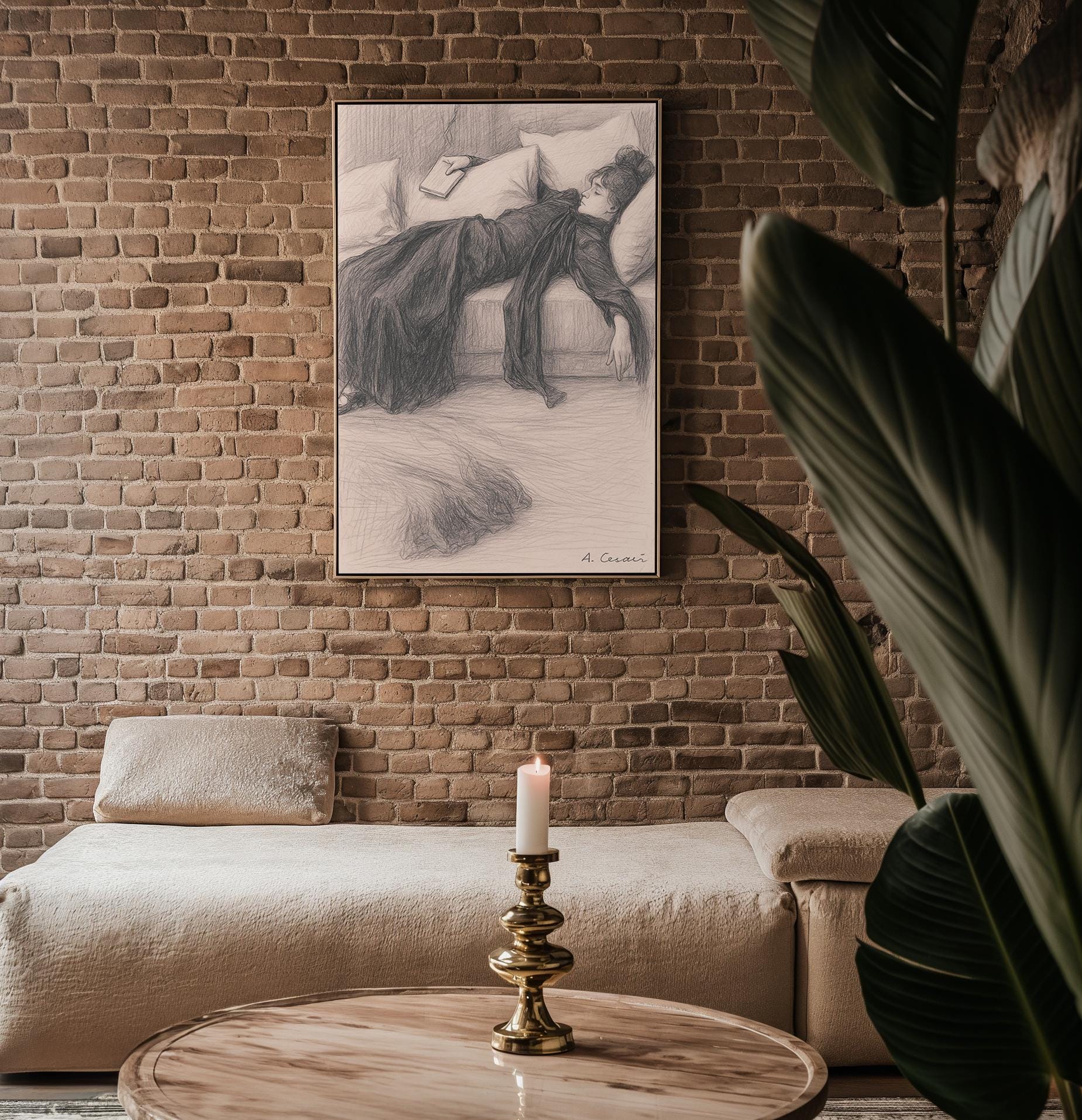 Vintage Reclining Woman Sketch | Soft Pencil Drawing of Resting Reader | Feminine Literary Wall Art for Bedrooms or Quiet Corners - Just Great Posters