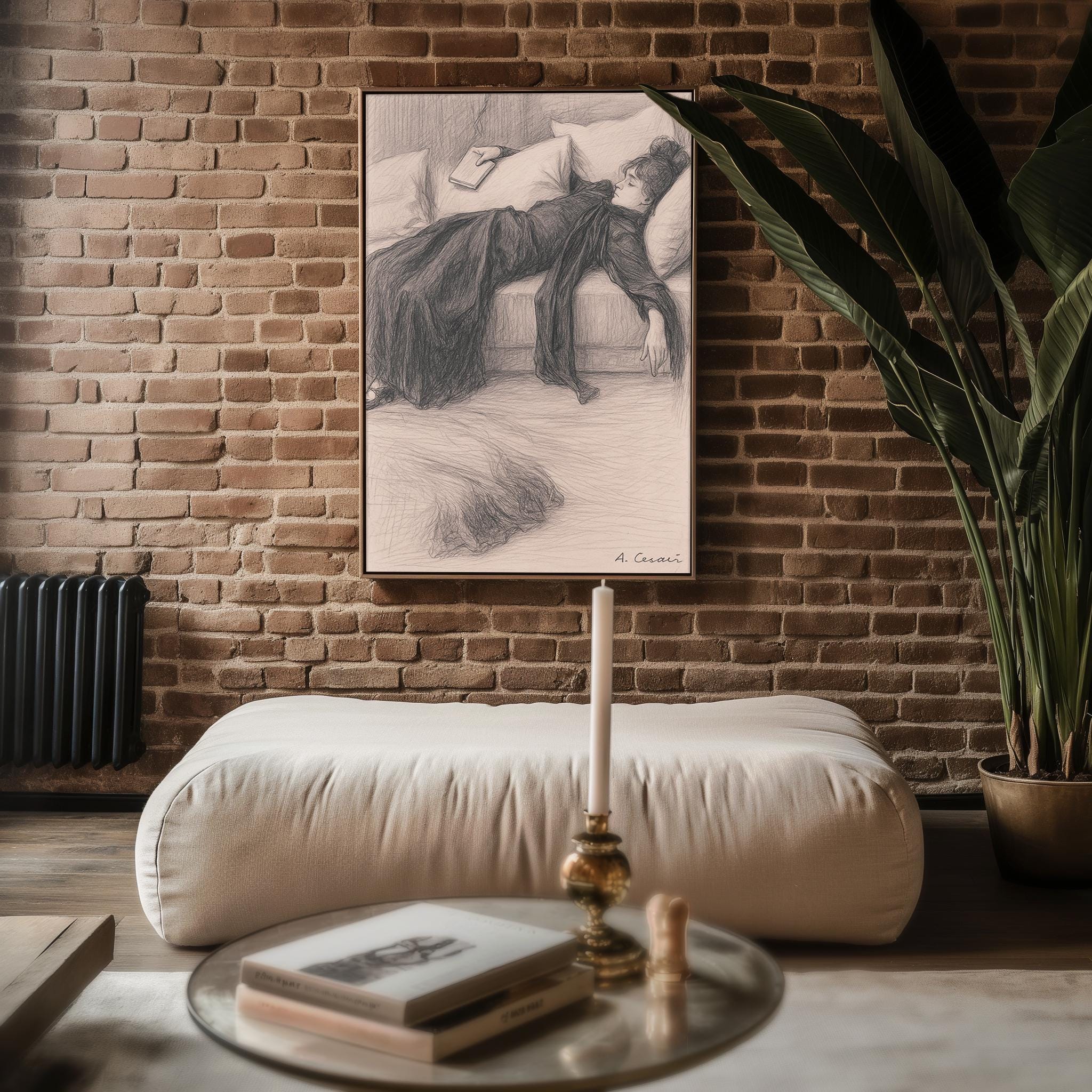 Vintage Reclining Woman Sketch | Soft Pencil Drawing of Resting Reader | Feminine Literary Wall Art for Bedrooms or Quiet Corners - Just Great Posters