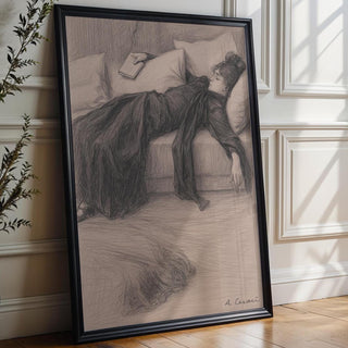 Vintage Reclining Woman Sketch | Soft Pencil Drawing of Resting Reader | Feminine Literary Wall Art for Bedrooms or Quiet Corners - Just Great Posters