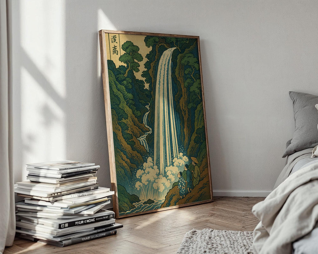 Japanese Waterfall Art Print | Vintage Landscape Poster in Ukiyo - e Style | Tranquil Nature Wall Art for Zen Spaces & Classic Homes - Just Great Posters