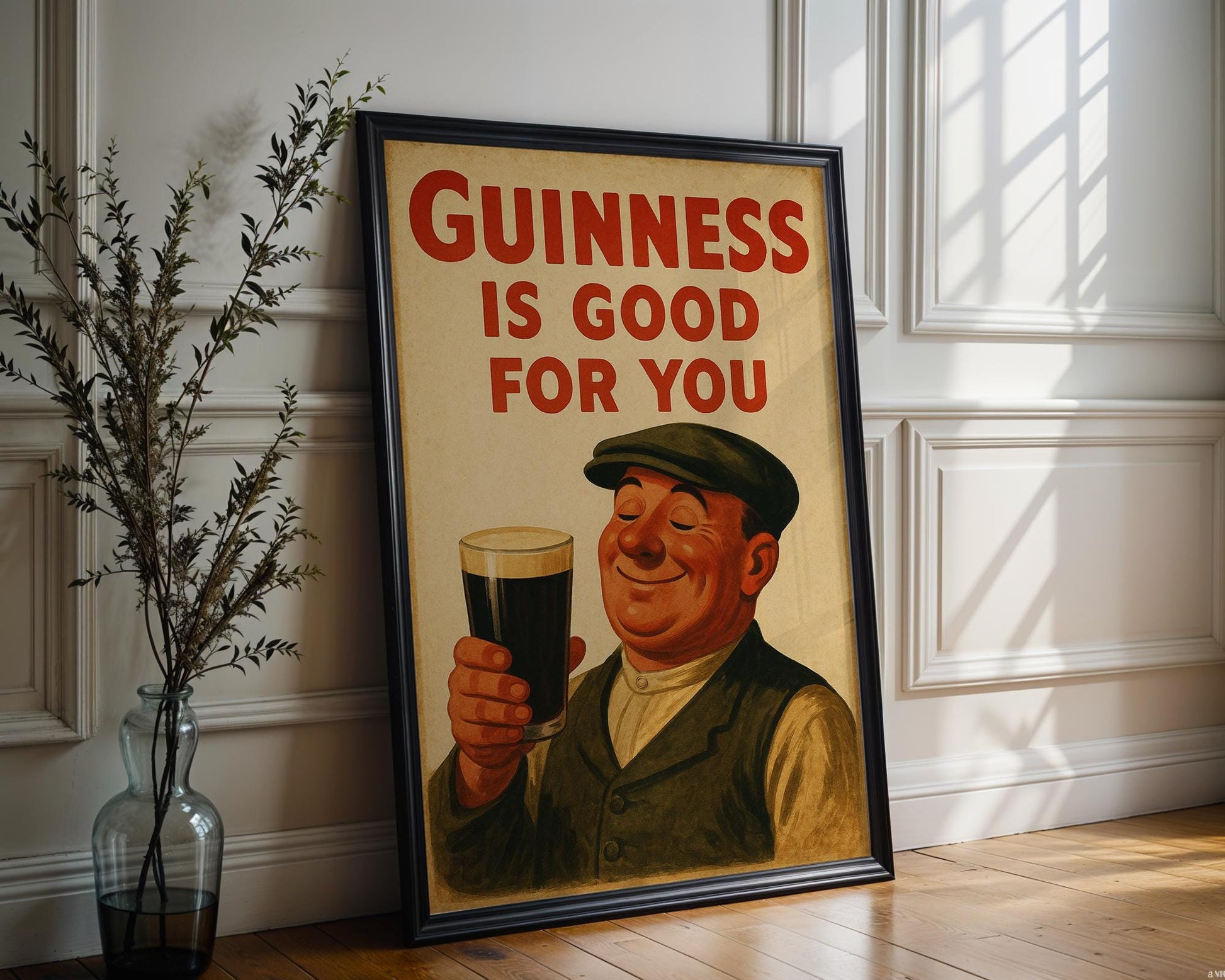 Vintage Guinness Poster – Retro Irish Pub Wall Art Featuring Happy Man with Pint, Classic Beer Ad Print for Kitchen or Bar Decor - Just Great Posters