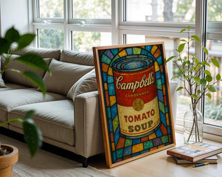 Pop Art Soup Can Poster – Warhol - Inspired Campbell’s Tomato Soup Print in Stained Glass Style, Bold Retro Kitchen Wall Art - Just Great Posters