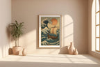 Viking Ship Ocean Poster – Epic Norse Mythology Wall Art with Hokusai Wave & Red Sun, Bold Scandinavian - Inspired History Print - Just Great Posters