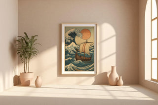 Viking Ship Ocean Poster – Epic Norse Mythology Wall Art with Hokusai Wave & Red Sun, Bold Scandinavian - Inspired History Print - Just Great Posters