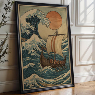 Viking Ship Ocean Poster – Epic Norse Mythology Wall Art with Hokusai Wave & Red Sun, Bold Scandinavian - Inspired History Print - Just Great Posters