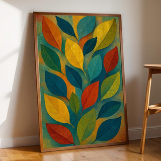 Colorful Leaf Wall Art Print – Abstract Autumn Botanical Poster, Midcentury Fall Foliage Decor, Vibrant Nature Artwork - Just Great Posters