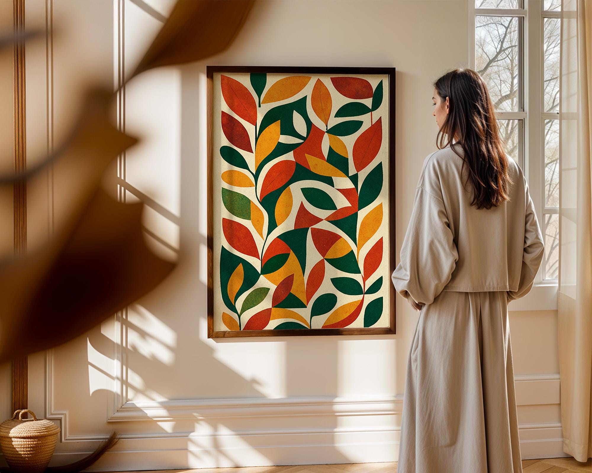 Mid Century Modern Leaf Art Print – Abstract Botanical Wall Decor in Retro Fall Colors, Minimalist Nature Poster, Free Shipping - Just Great Posters