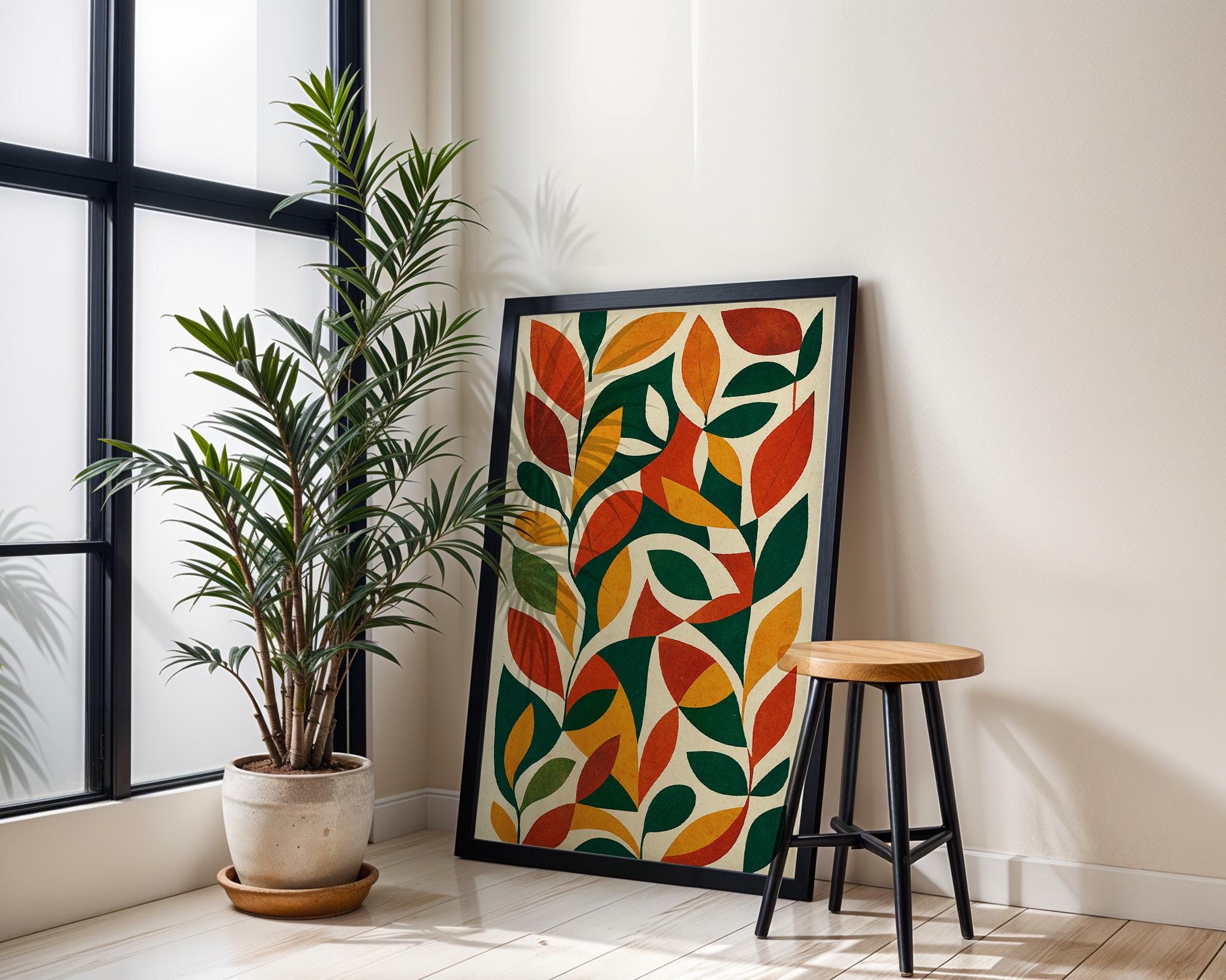 Mid Century Modern Leaf Art Print – Abstract Botanical Wall Decor in Retro Fall Colors, Minimalist Nature Poster, Free Shipping - Just Great Posters