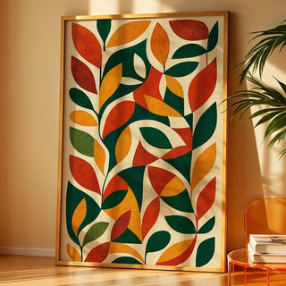 Mid Century Modern Leaf Art Print – Abstract Botanical Wall Decor in Retro Fall Colors, Minimalist Nature Poster, Free Shipping - Just Great Posters