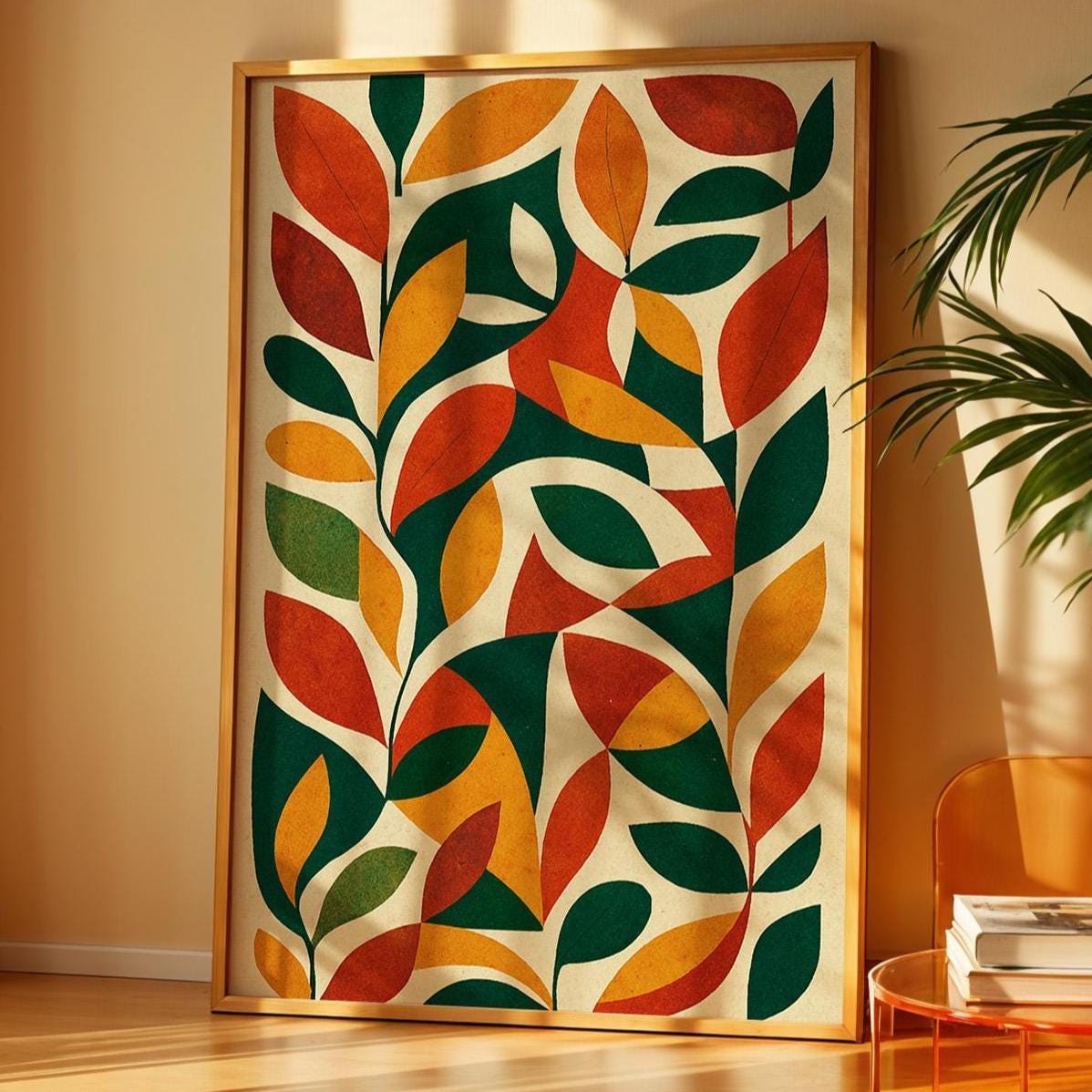 Mid Century Modern Leaf Art Print – Abstract Botanical Wall Decor in Retro Fall Colors, Minimalist Nature Poster, Free Shipping - Just Great Posters