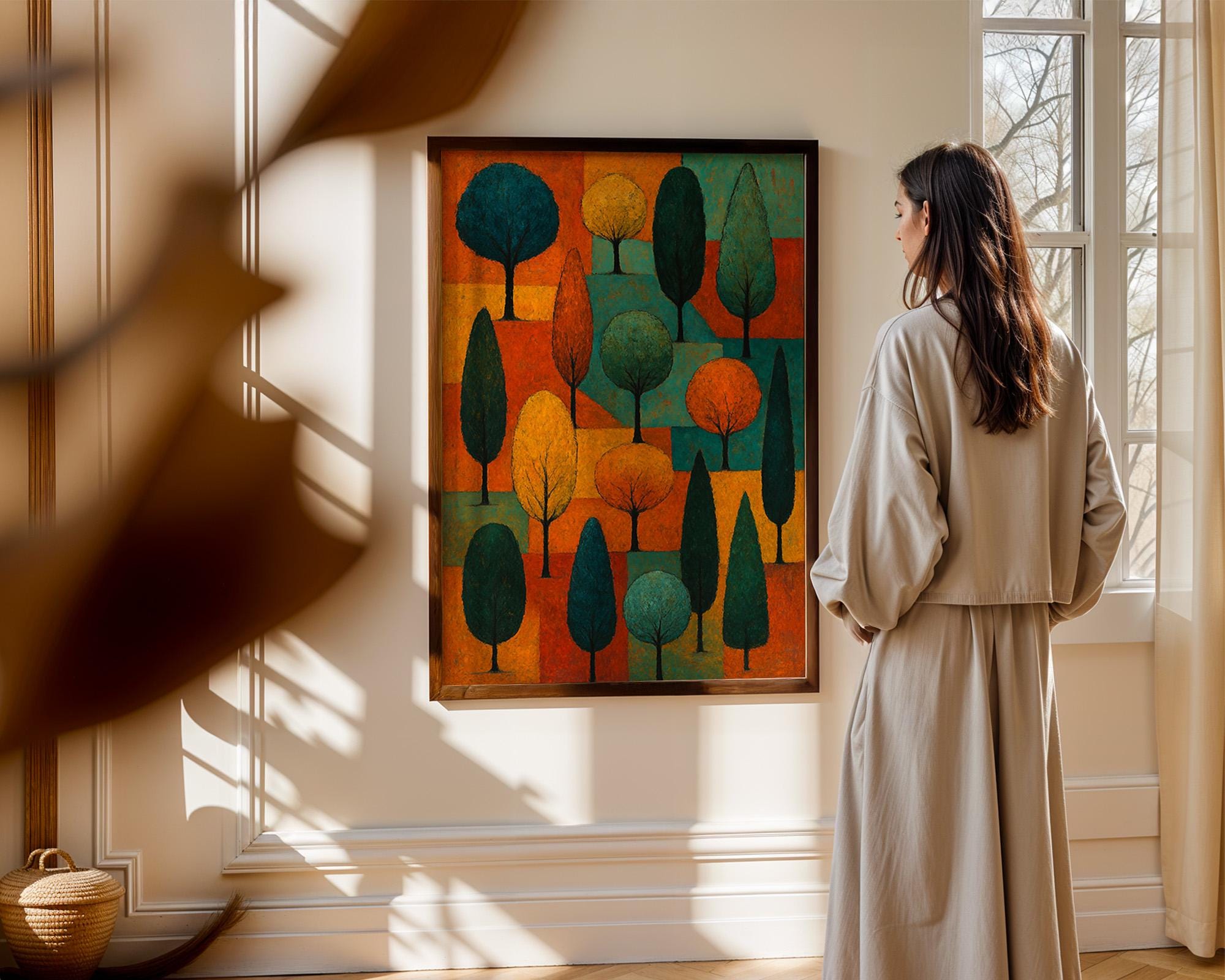 Modern Abstract Tree Art Print – Colorful Geometric Forest Wall Decor in Fall Tones - Just Great Posters