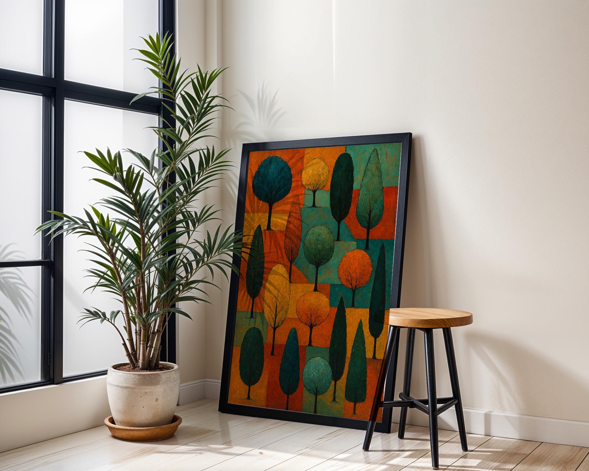 Modern Abstract Tree Art Print – Colorful Geometric Forest Wall Decor in Fall Tones - Just Great Posters