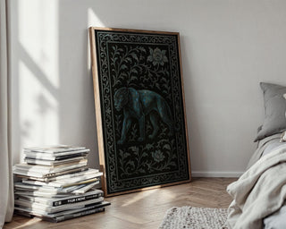 Dark Panther Wall Art – Mystical Jungle Cat Print with Ornate Floral Frame, Moody Jungle Decor with Blue Tones and Gothic Elegance - Just Great Posters
