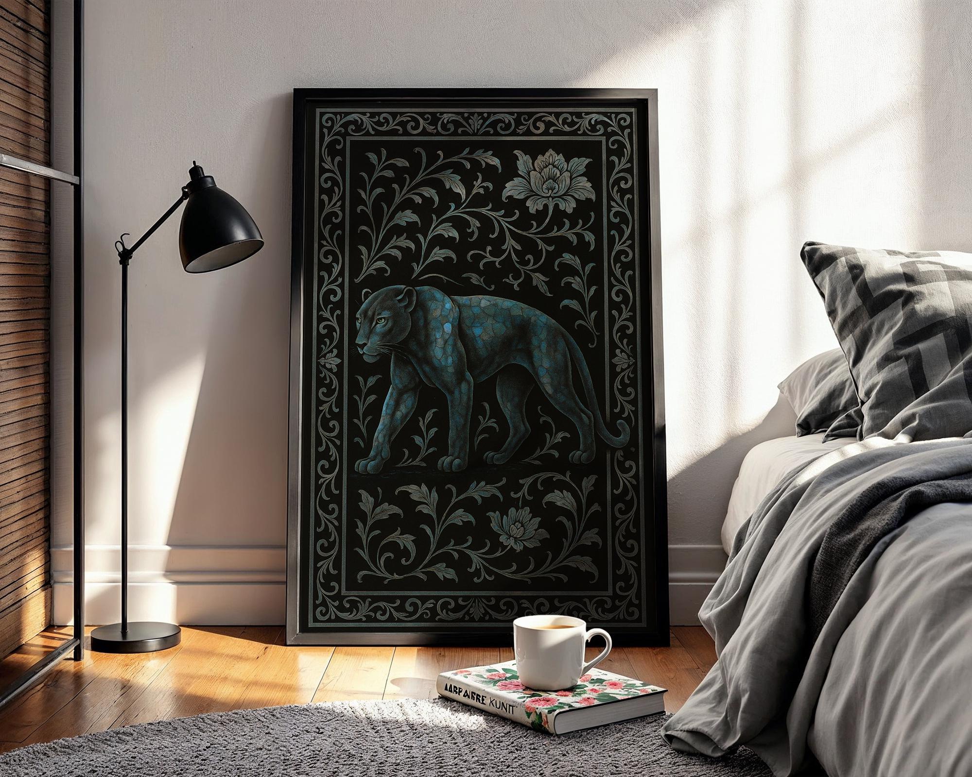 Dark Panther Wall Art – Mystical Jungle Cat Print with Ornate Floral Frame, Moody Jungle Decor with Blue Tones and Gothic Elegance - Just Great Posters