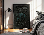 Dark Panther Wall Art – Mystical Jungle Cat Print with Ornate Floral Frame, Moody Jungle Decor with Blue Tones and Gothic Elegance - Just Great Posters