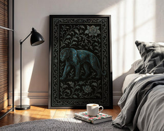 Dark Panther Wall Art – Mystical Jungle Cat Print with Ornate Floral Frame, Moody Jungle Decor with Blue Tones and Gothic Elegance - Just Great Posters