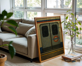 London Tube Train Art – Minimalist Underground Poster with Closed Doors and Red Roundel, Moody Metro Print for Urban Decor Lovers - Just Great Posters