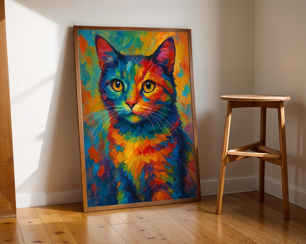 Rainbow Cat Art Print – Vibrant Abstract Cat Painting Wall Decor for Bold, Colourful Spaces - Just Great Posters