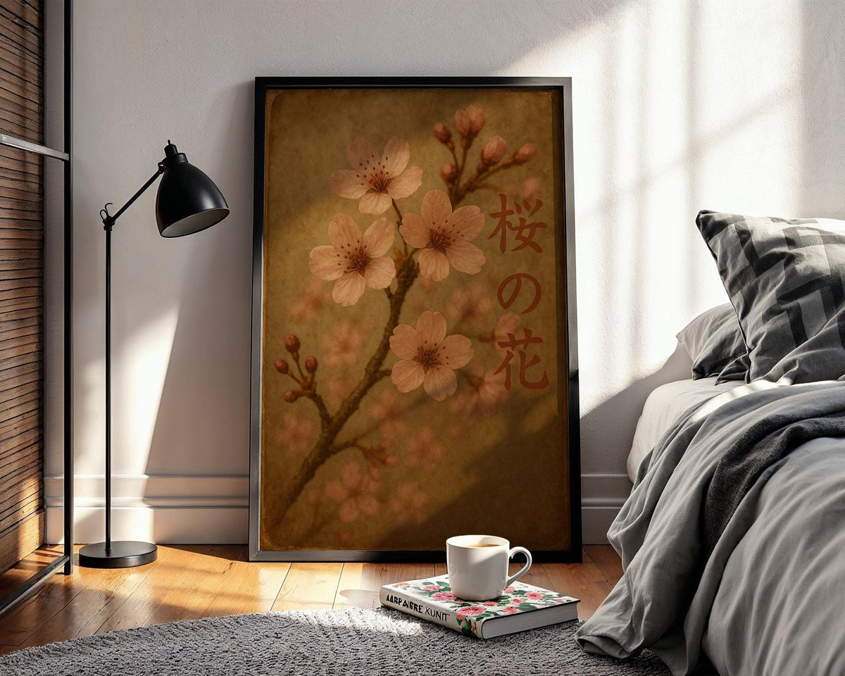 Sakura Blossom Wall Art – Japanese Cherry Flower Print with Vintage Tones and Kanji Text, Serene Nature Poster in Soft Pink & Brown - Just Great Posters