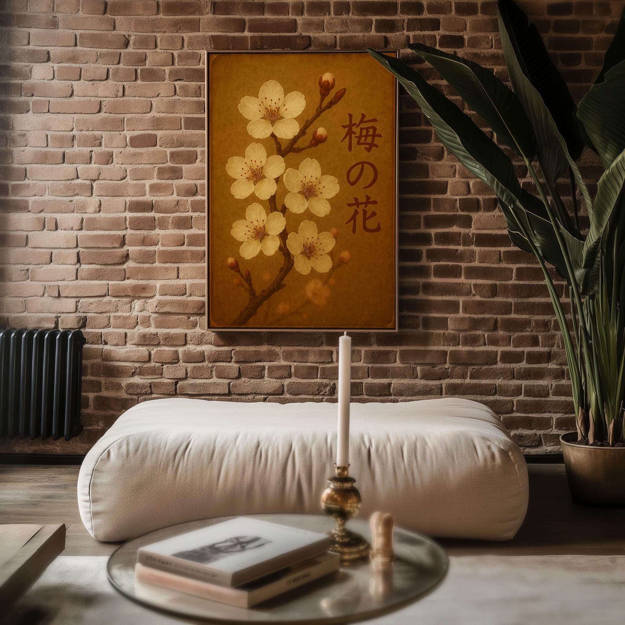 Ume Blossom Wall Print – Japanese Plum Flower Art in Warm Vintage Tones with Kanji, Soft White Petals for Serene Nature - Inspired Decor - Just Great Posters