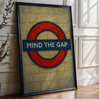 Mind the Gap Poster – London Underground Sign Print in Retro Painterly Style, Bold Red Roundel Wall Art for Travel or City Lovers - Just Great Posters