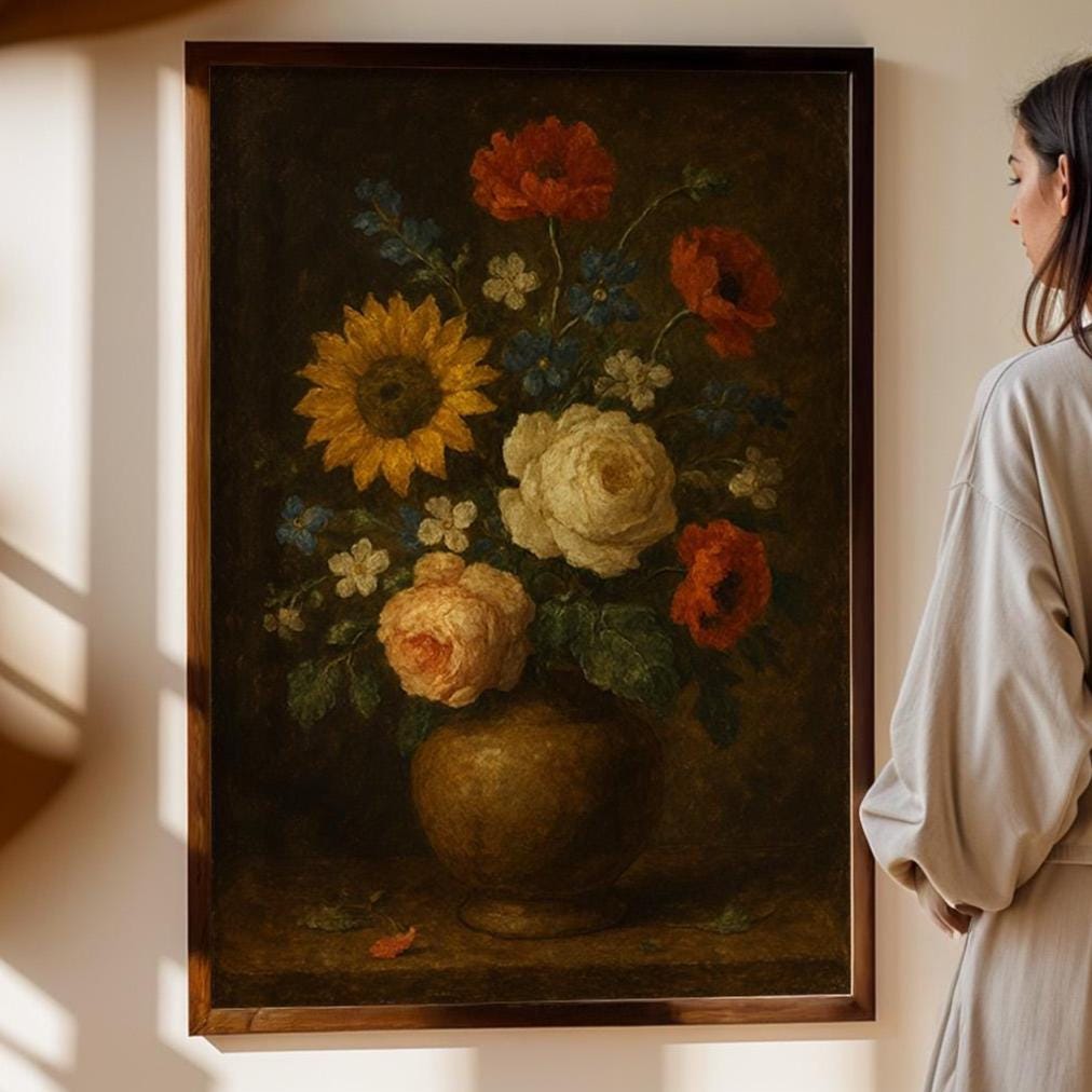 Vintage Floral Still Life Print – Dutch - Inspired Dark Academia Flower Art with Rustic Vase - Just Great Posters