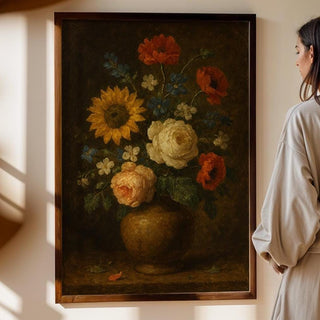 Vintage Floral Still Life Print – Dutch - Inspired Dark Academia Flower Art with Rustic Vase - Just Great Posters