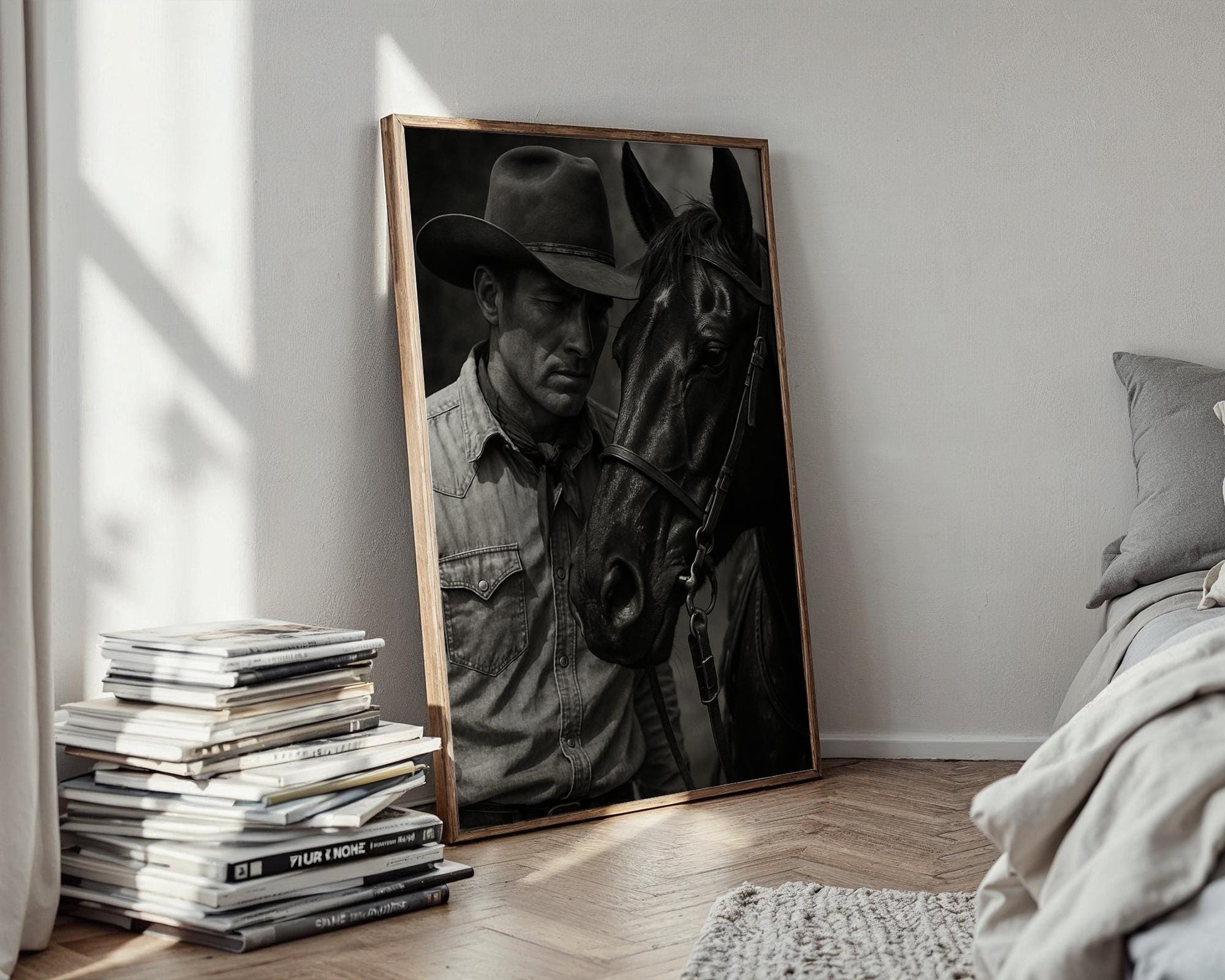 Cowboy & Horse Photo – Intimate Western Portrait in Black and White, Moody Americana Print for Ranch Style or Rustic Home Decor - Just Great Posters