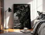 Cowboy & Horse Photo – Intimate Western Portrait in Black and White, Moody Americana Print for Ranch Style or Rustic Home Decor - Just Great Posters