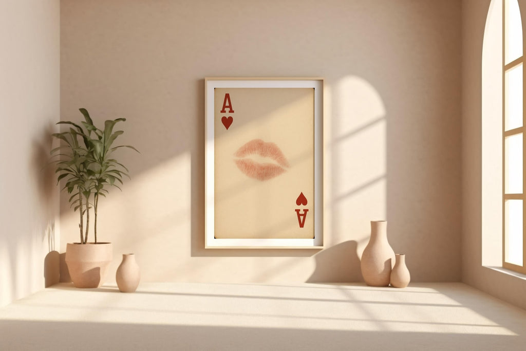Kiss Card Art Print – Romantic Playing Card Poster with Lipstick Mark on Ace of Hearts, Bold Vintage - Inspired Wall Art for Lovers - Just Great Posters