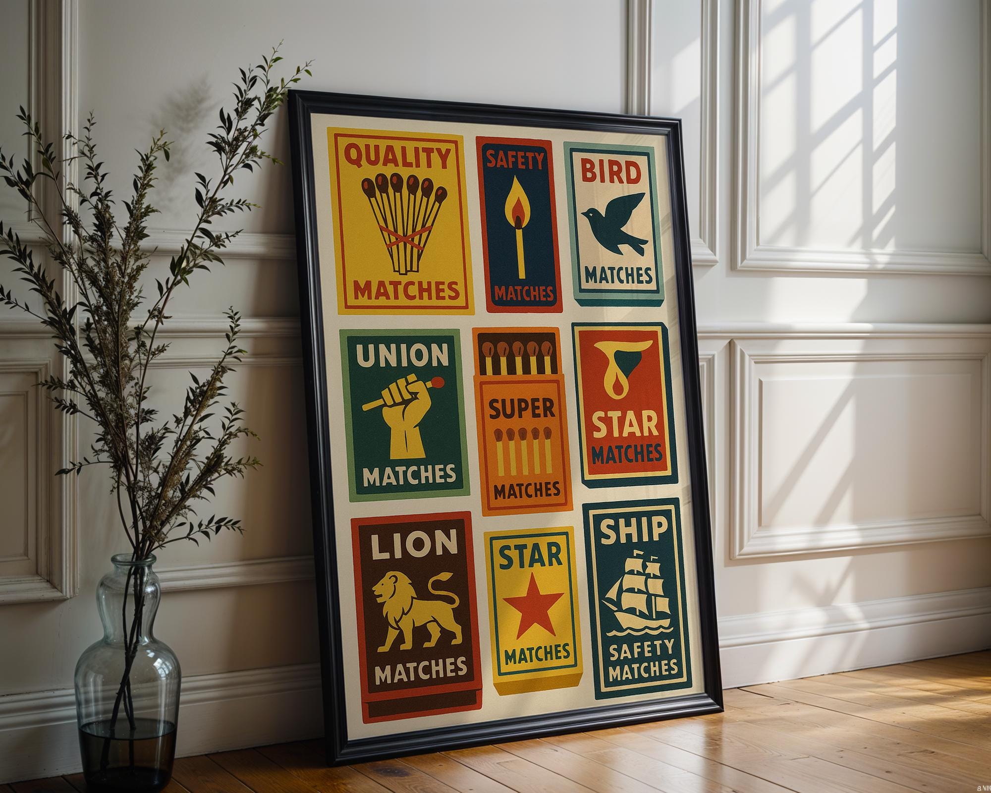 Vintage Matchbox Poster – Colorful Retro Safety Match Label Art, Bold Graphic Print with Lions, Ships, Stars & More for Cool Wall Vibes - Just Great Posters