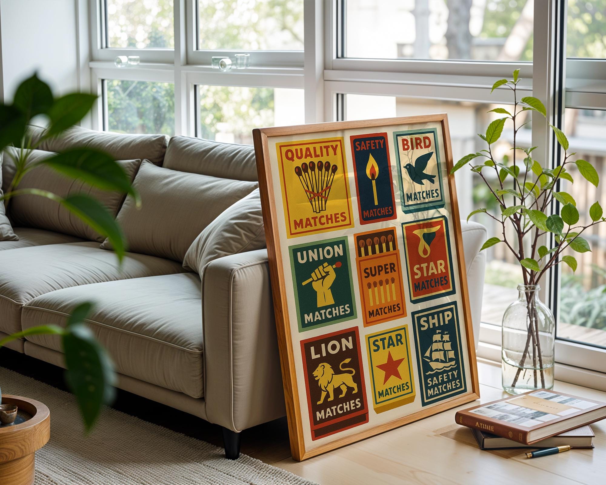 Vintage Matchbox Poster – Colorful Retro Safety Match Label Art, Bold Graphic Print with Lions, Ships, Stars & More for Cool Wall Vibes - Just Great Posters