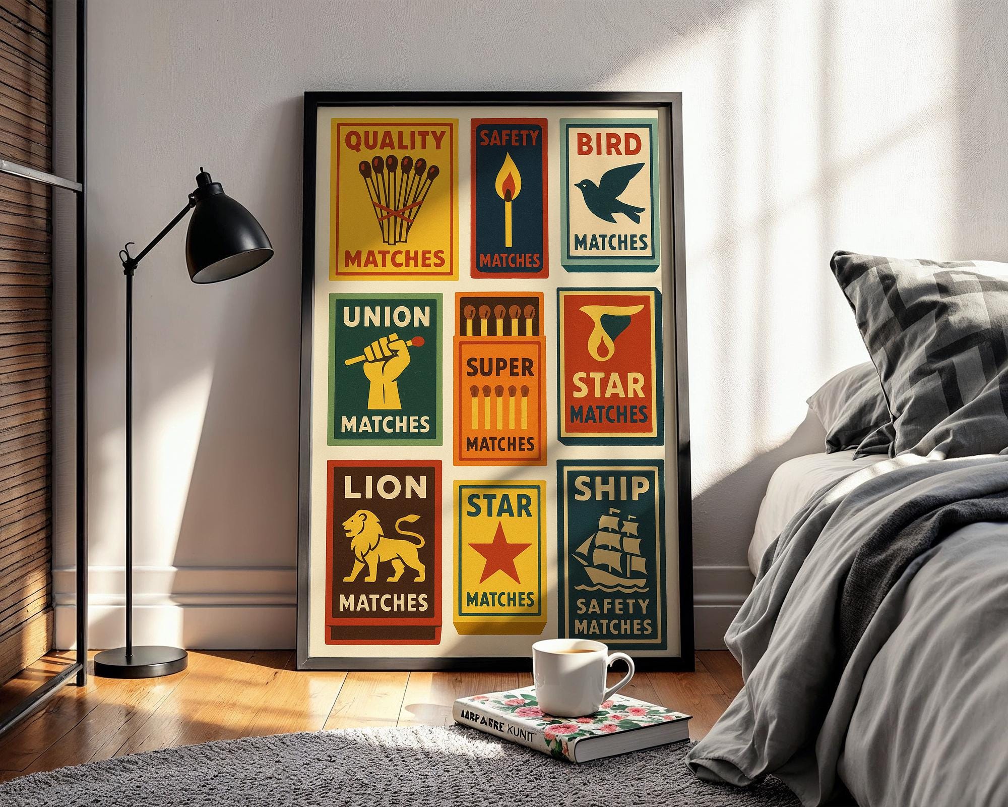 Vintage Matchbox Poster – Colorful Retro Safety Match Label Art, Bold Graphic Print with Lions, Ships, Stars & More for Cool Wall Vibes - Just Great Posters