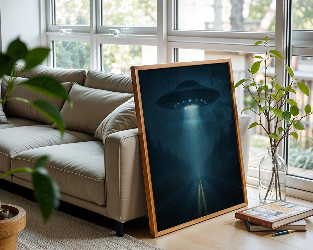 UFO Abduction Art Print – Night Scene with Beam of Light on Forest Road, Eerie Alien Poster for Sci - Fi Decor & X - Files Style Spaces - Just Great Posters
