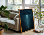 UFO Abduction Art Print – Night Scene with Beam of Light on Forest Road, Eerie Alien Poster for Sci - Fi Decor & X - Files Style Spaces - Just Great Posters