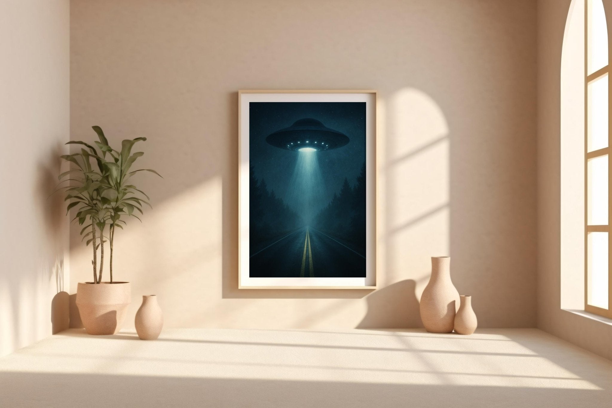 UFO Abduction Art Print – Night Scene with Beam of Light on Forest Road, Eerie Alien Poster for Sci - Fi Decor & X - Files Style Spaces - Just Great Posters