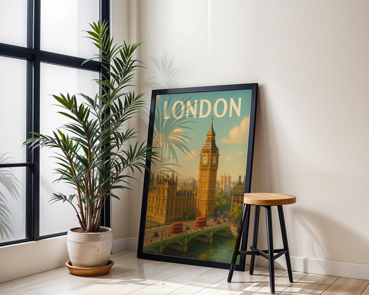 London Travel Poster – Vintage Style Big Ben & Double - Decker Bus Art Print, Retro UK Cityscape Wall Decor, Free Shipping - Just Great Posters
