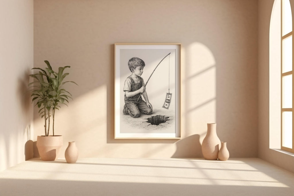 Cynical Fishing Art Print – Surreal Pencil Drawing of Boy with Dollar over Abyss, Satirical Wall Art - Just Great Posters
