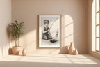 Cynical Fishing Art Print – Surreal Pencil Drawing of Boy with Dollar over Abyss, Satirical Wall Art - Just Great Posters