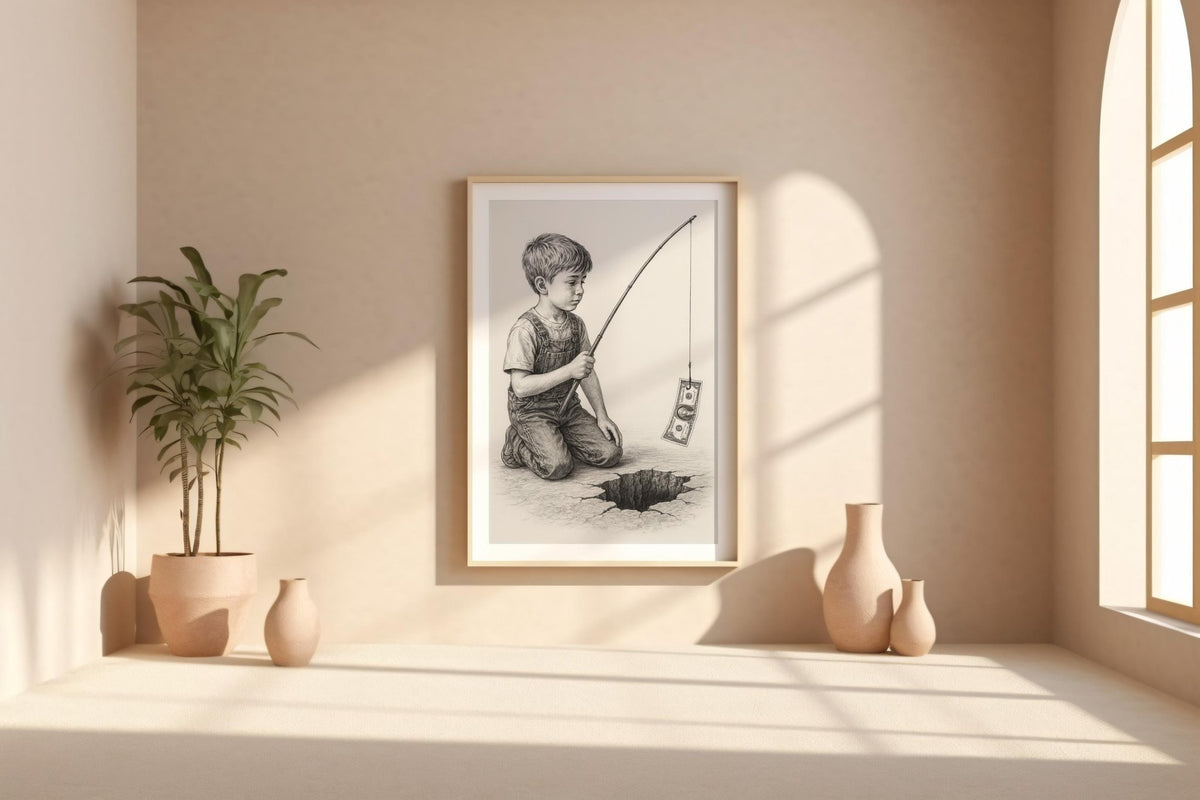 Cynical Fishing Art Print – Surreal Pencil Drawing of Boy with Dollar over Abyss, Satirical Wall Art - Just Great Posters