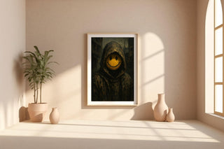 Dystopian Smiley Face Art – Dark Hooded Figure with Grinning Mask, Surreal Gothic Wall Print - Just Great Posters